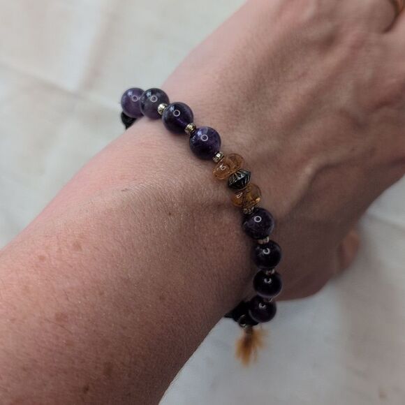 NWT Peyote Bird Santa Fe Amethyst Sterling Silver Amber Beaded Leather Bracelet - Picture 7 of 8